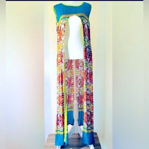 BITU-Blue multi colored maxi Bohemian duster with paisley print.XL